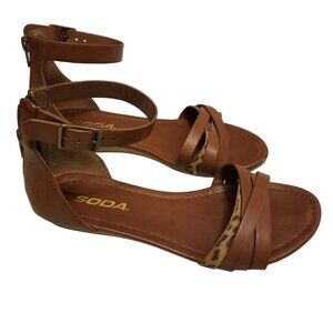 Brown Sandals Animal Print Cheetah Flat Shoes US 6 Women Strappy Faux Leather